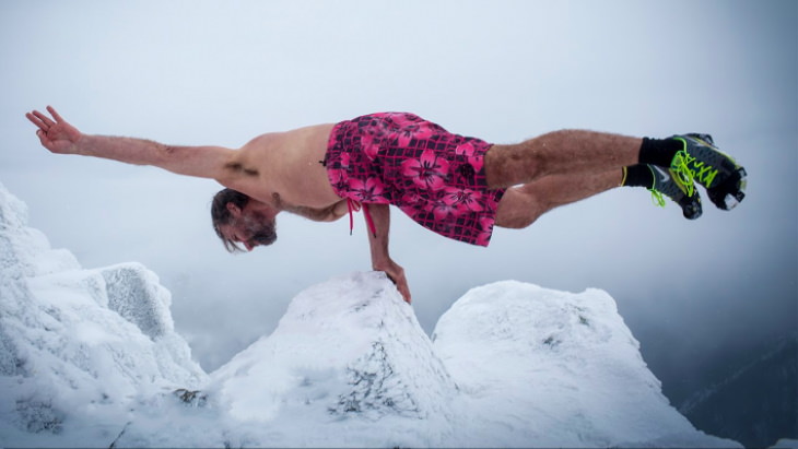 Wim Hof Method balancing on glacier