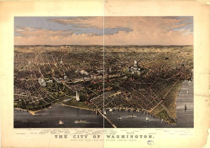 Illustrated panoramic maps Washington D.C. Potomac River, 1880