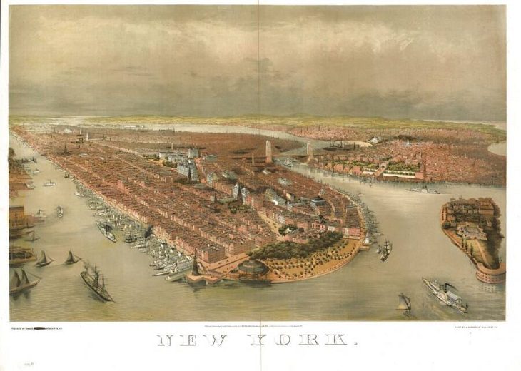 Illustrated panoramic maps Bird's-eye view of New York , 1874
