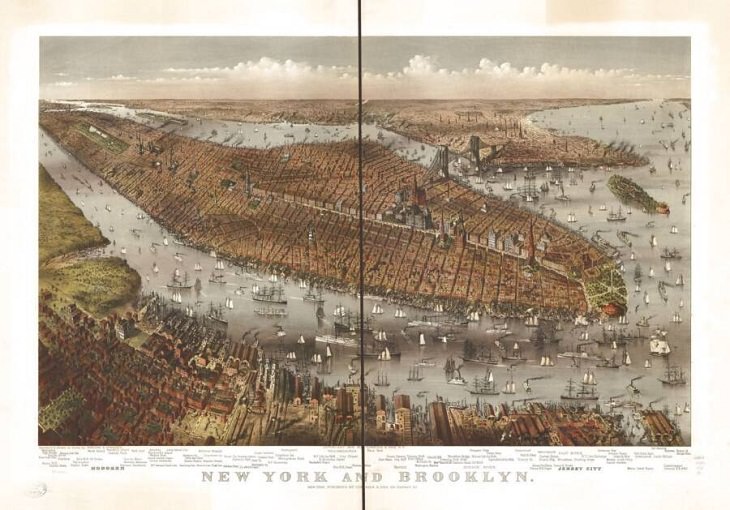 Illustrated panoramic maps New York and Brooklyn, New York, 1875