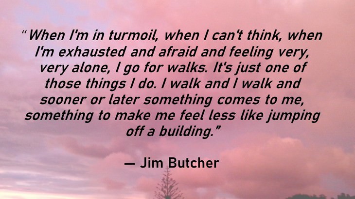 5. When I'm in turmoil, when I can't think, when I'm exhausted and afraid and feeling very, very alone, I go for walks. It's just one of those things I do. I walk and I walk and sooner or later something comes to me, something to make me feel less like jumping off a building.”