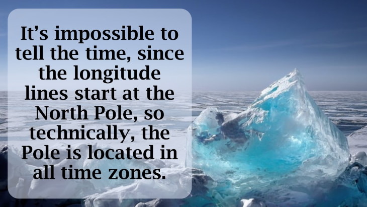 12 Fascinating Facts About the North Pole It’s impossible to tell the time, since the longitude lines start at the North Pole, so technically, the Pole is located in all time zones. 
