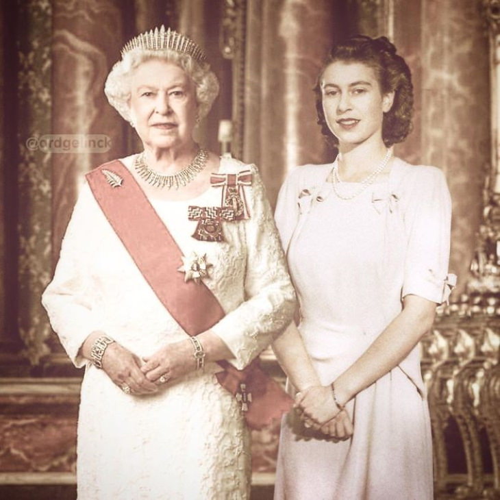 Celebridades con sus versiones de juventud Reina Isabel II