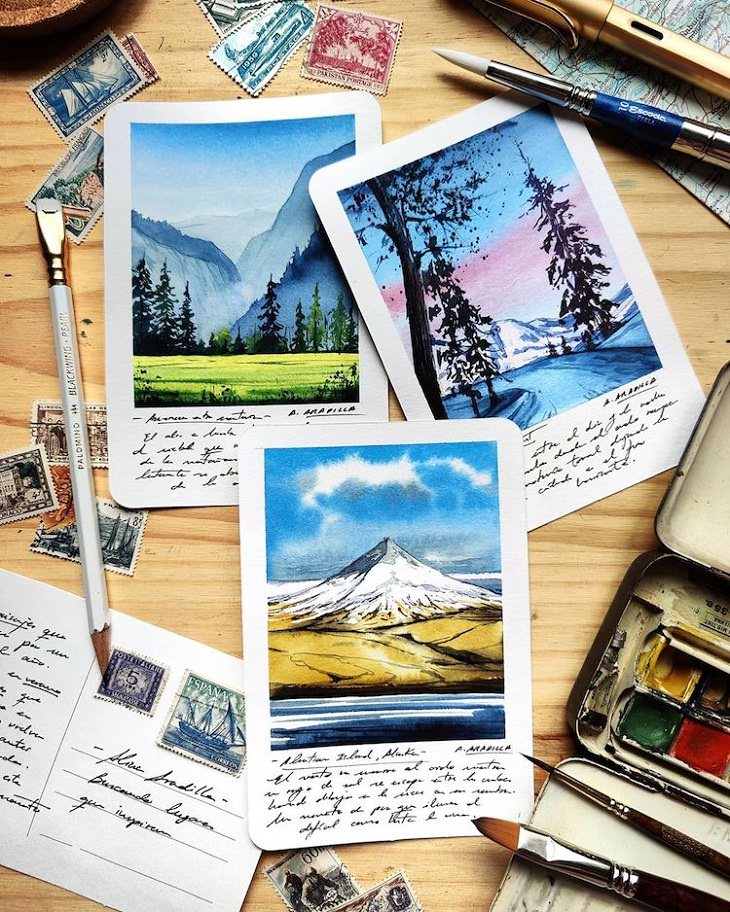 Watercolor Travel Paintings, postcards