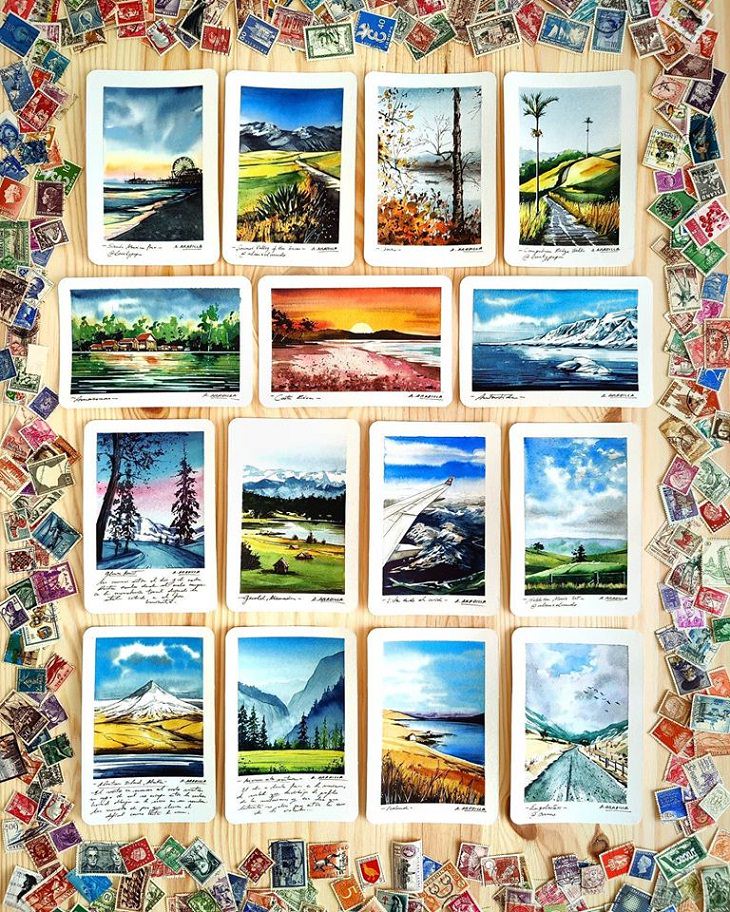 Watercolor Travel Paintings, stamps