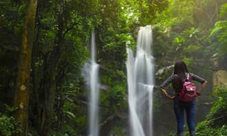 woman in front of forest falls