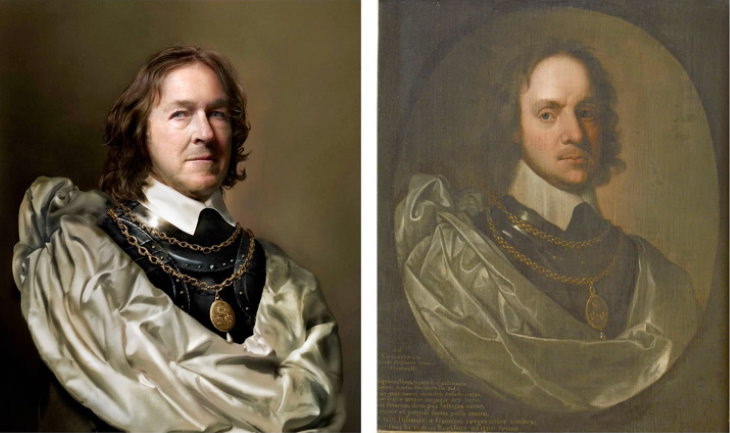 Historical Figures Side by Side Their Live Descendants Oliver Cromwell, a portrait by Robert Walker, 1653-1654 (right) and Charles Bush, his 9th great-grandson (left)
