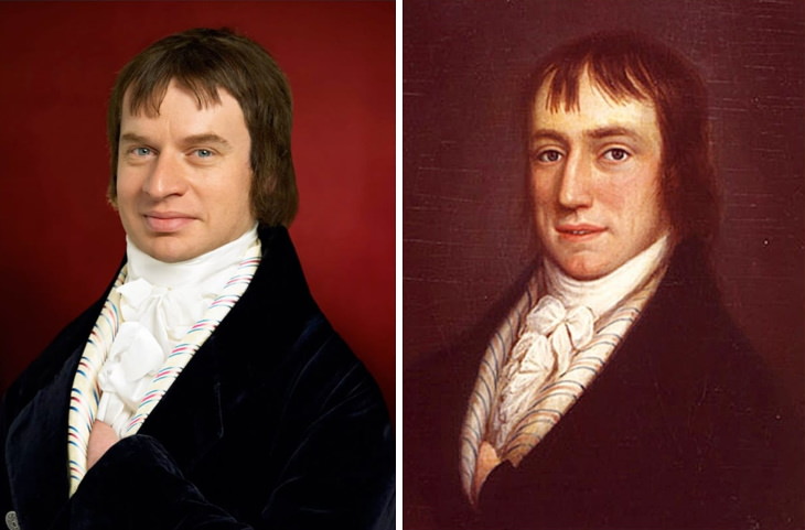 Historical Figures Side by Side Their Live Descendants William Wordsworth, a portrait by William Shuter, 1798 (right) and Tom Wonter, Wordsworth’s 4th great-grandson (left)