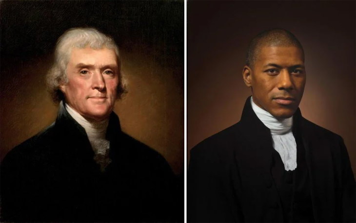 Historical Figures Side by Side Their Live Descendants Thomas Jefferson by Rembrandt Peale (1800) and Shannon LaNier, Jefferson’s 6th great grandson