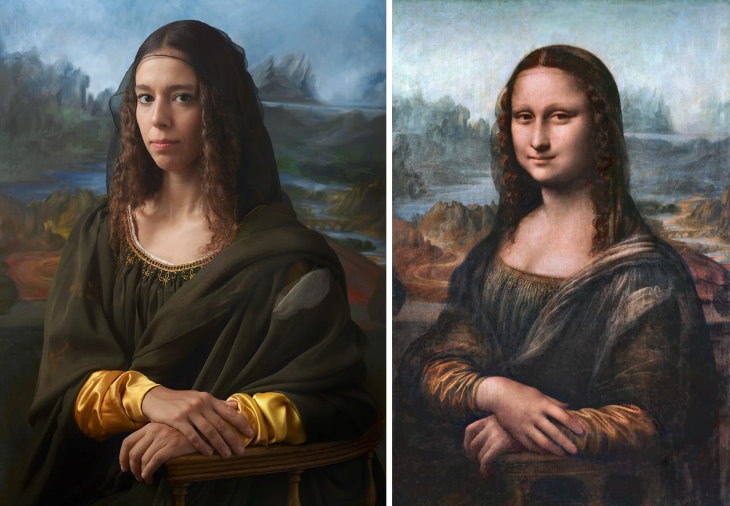 Historical Figures Side by Side Their Live Descendants The Mona Lisa by Leonardo DaVinci and Irina Guicciardini Strozzi, the 15th great-granddaughter of Lisa del Giocondo, the model of the masterpiece
