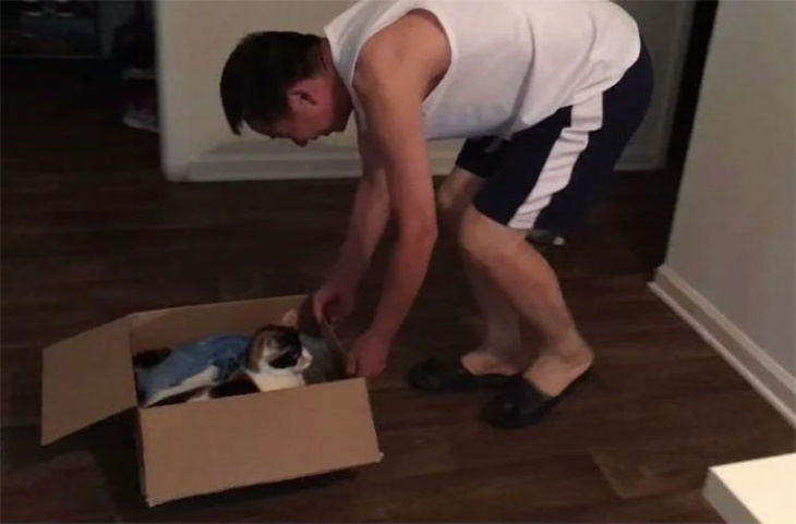Grumpy Dads and the Pets They Didn’t Want No matter how much I begged, my Dad never let me have a pet when I was younger. This is him dragging my cat in a box (which he named the “Kitty Express”) while making train noises, and laughing like a child.
