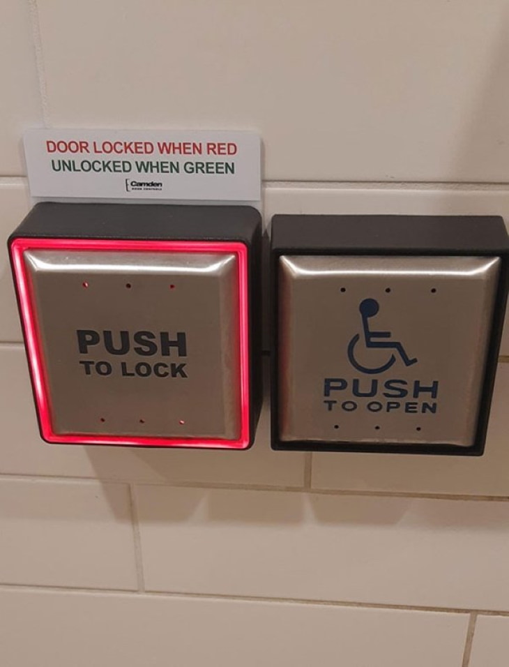 Genius Innovations for People With Disabilities This wheelchair-friendly bathroom uses big and clear buttons to lock the door