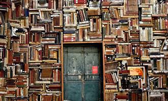 wall of books with door