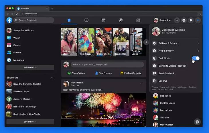 ‘New Facebook’, dark mode screen