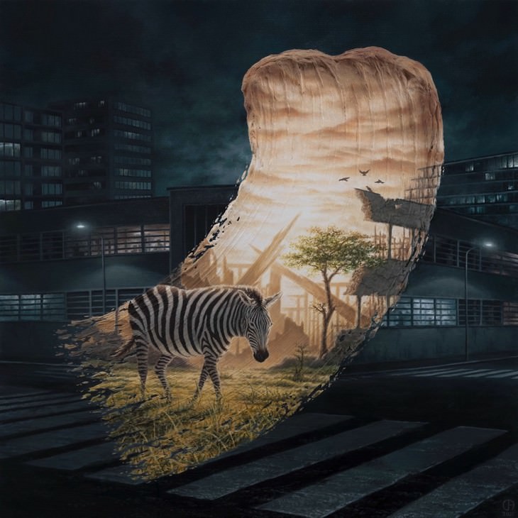 Artist Shows the Same Place in Different Times, Zebra Crossing