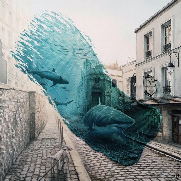 Artist Shows the Same Place in Different Times, Sharks in Montmartre