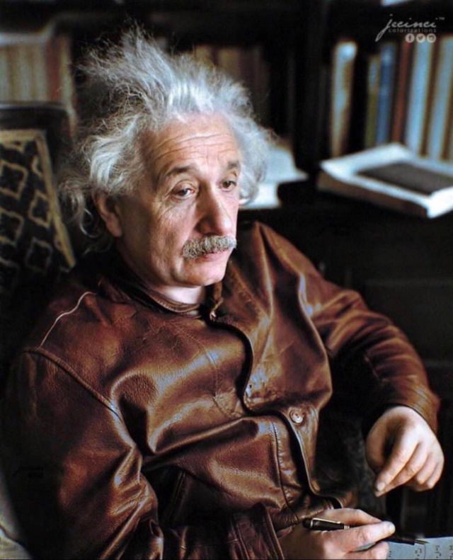 Vintage Photos Albert Einstein's portrait in a leather jacket (1938; colorized)