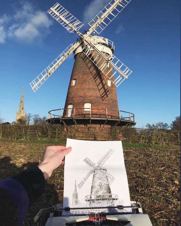 Striking Art Created Using a Typewriter windmill