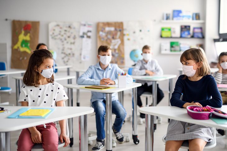  COVID-19-Blocking Nasal Spray, school kids in face masks