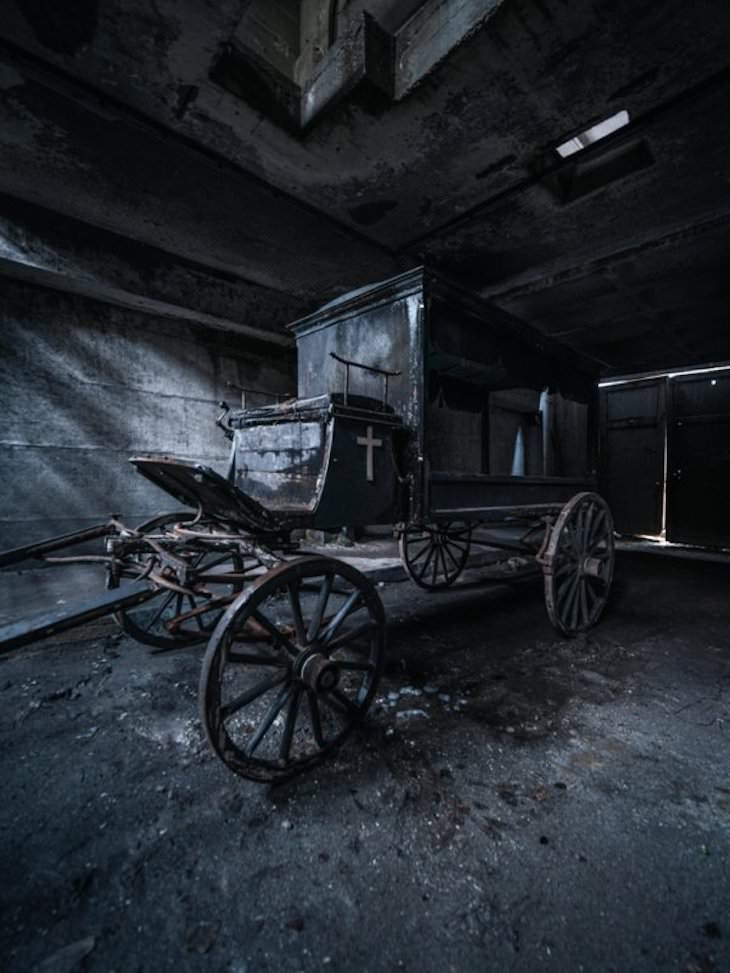 Beautiful Abandoned Structures Reclaimed by Nature, A forgotten hearse chariot