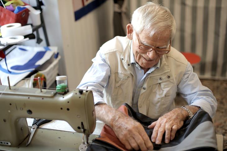 Muscle Atrophy man doing some sewing