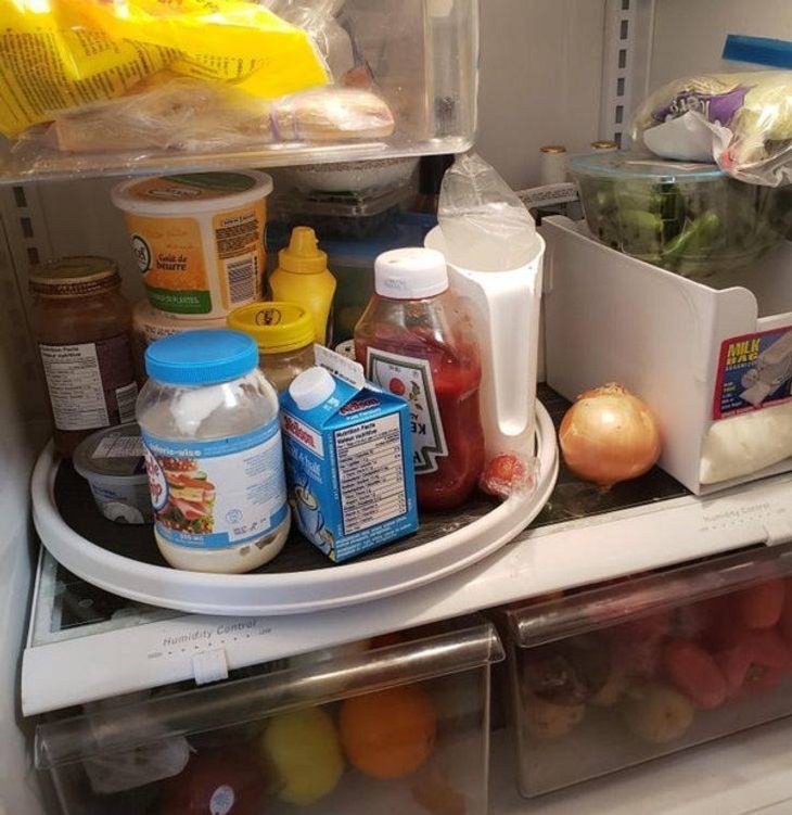 DIY Kitchen Hacks, rotating tray in your fridge