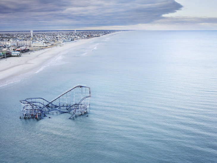 Optical Illusions rollercoaster was moved into the ocean by Hurricane Sandy