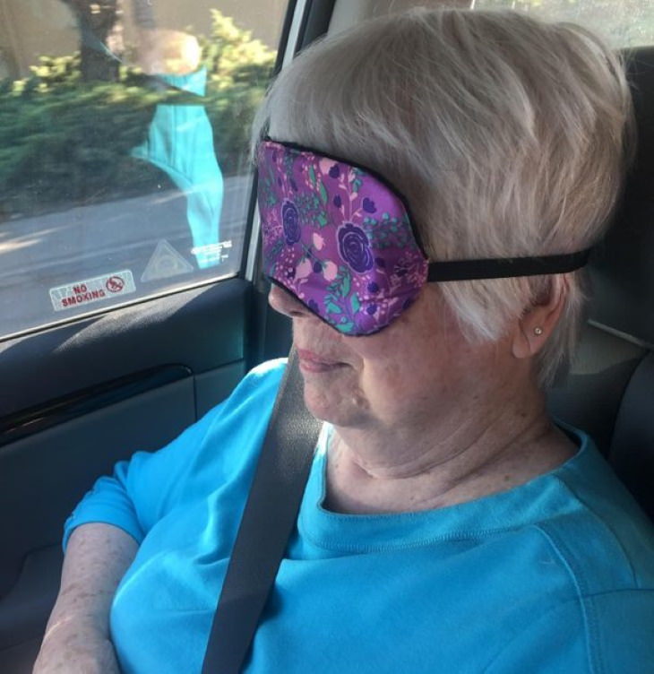 Fantastic Grandmas woman covered her eyes driving