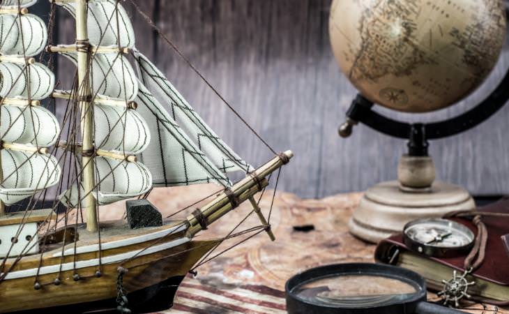 Compass, map, globe, miniature ship 