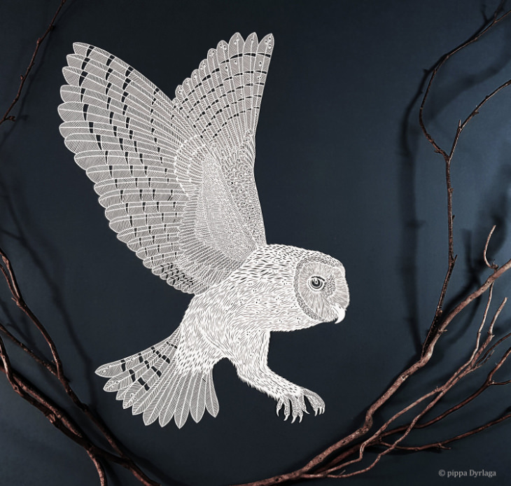 owl paper art by Pippa Dyrlaga
