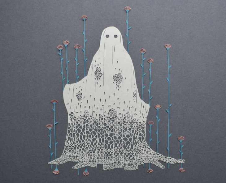 ghost holding flowers paper art by Pippa Dyrlaga