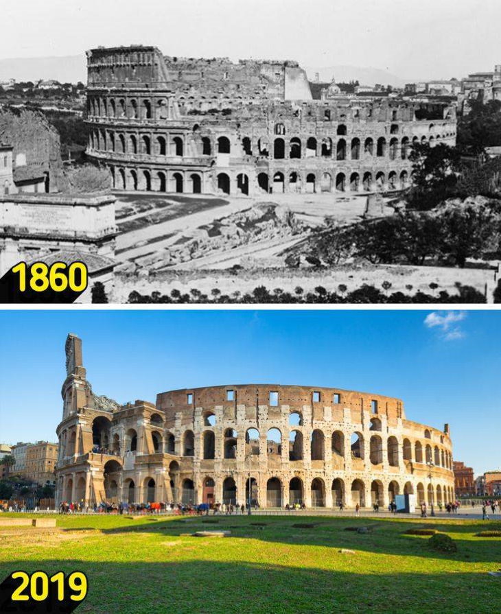 Then and Now Tourist Destinations Colosseum, Rome, Italy