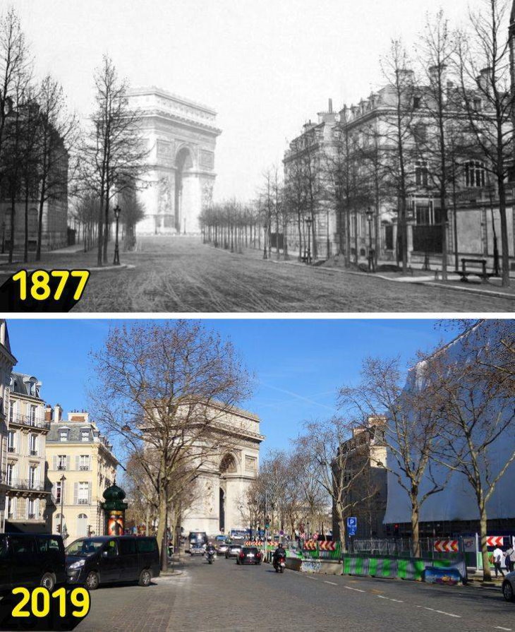 Then and Now Tourist Destinations Avenue d’Iéna with a view of the Arc de Triomphe, Paris, France.