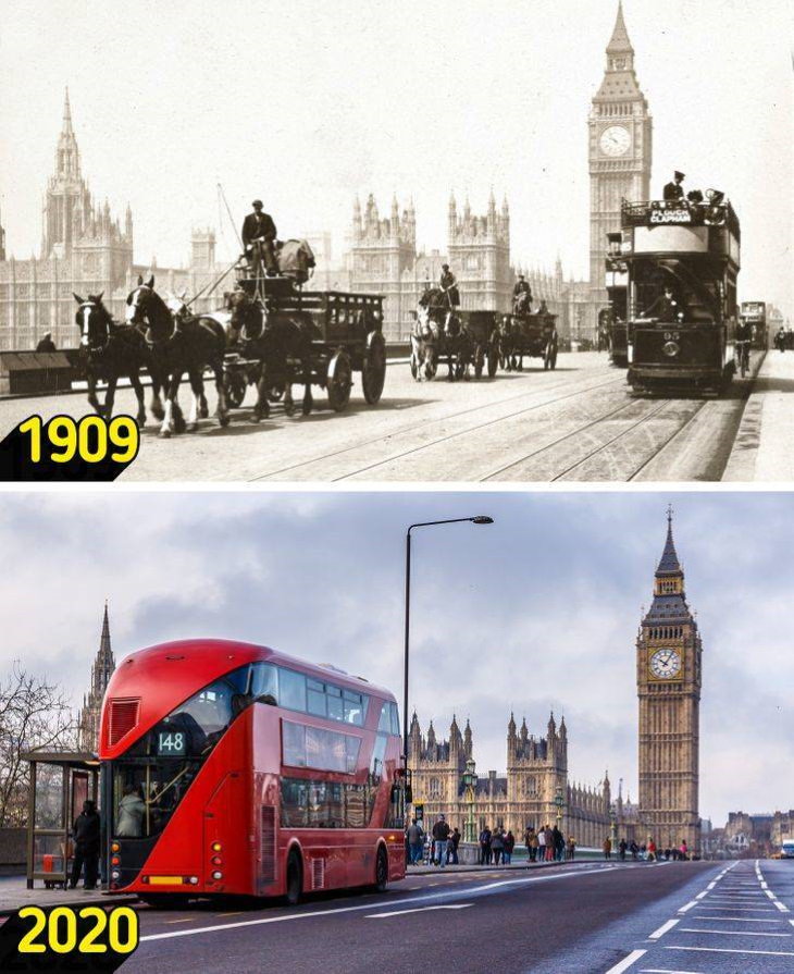Then and Now Tourist Destinations Westminster Bridge and Big Ben, London