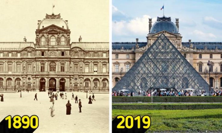 Then and Now Tourist Destinations Louvre Museum, Paris, France