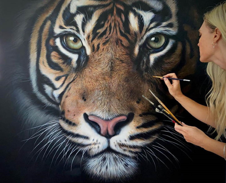 Julie Rhodes paintings tiger and artist