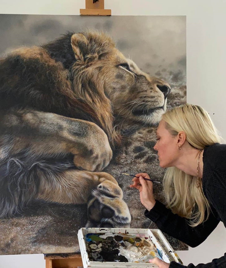 Julie Rhodes paintings sleeping lion and artist