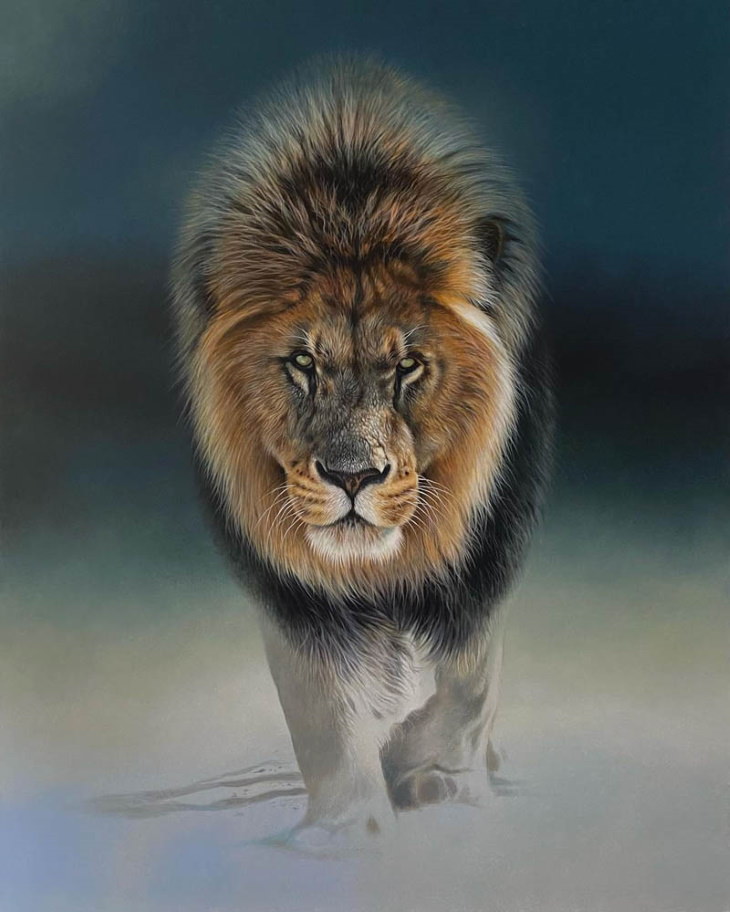 Julie Rhodes paintings approaching lion