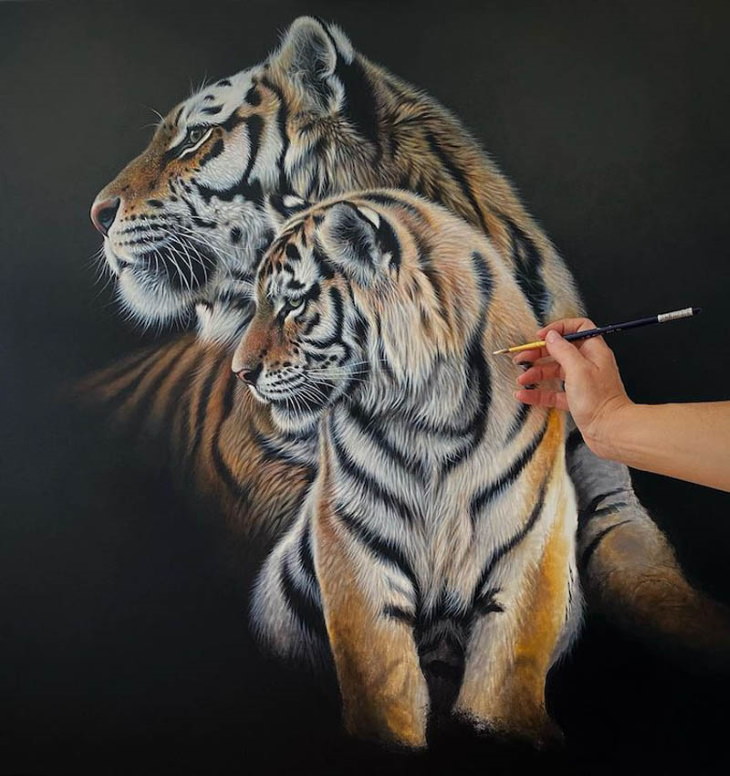 Julie Rhodes paintings tigers two pictures