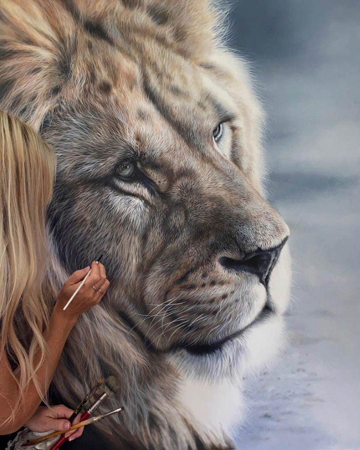 Julie Rhodes paintings lion profile and artist