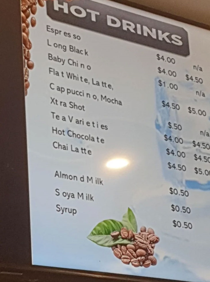 Spacing Fails hot drinks menu