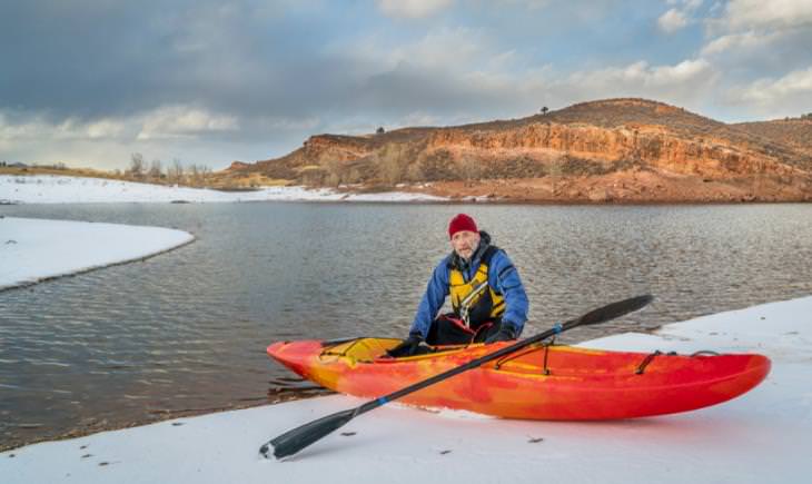 man sitting by a kayak on a snowy panorama