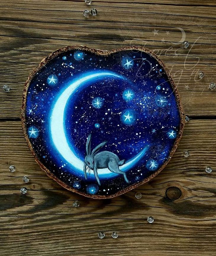 Paintings of Forests on Wood, rabbit, moon