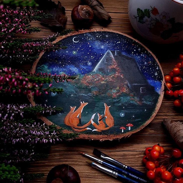 Paintings of Forests on Wood, foxes, cottage