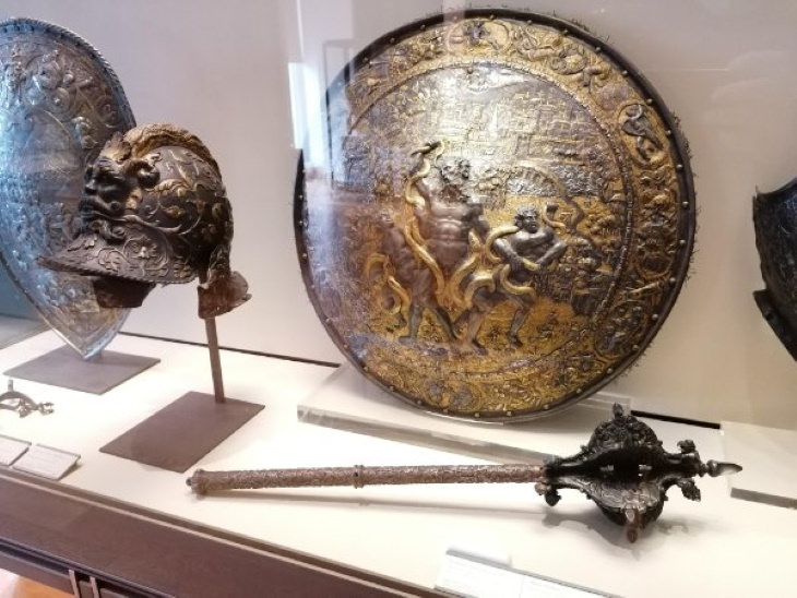 Archeological Finds shield, mace, and helmet 