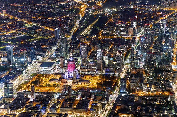 Aerial Views of Poland, night panorama of Warsaw