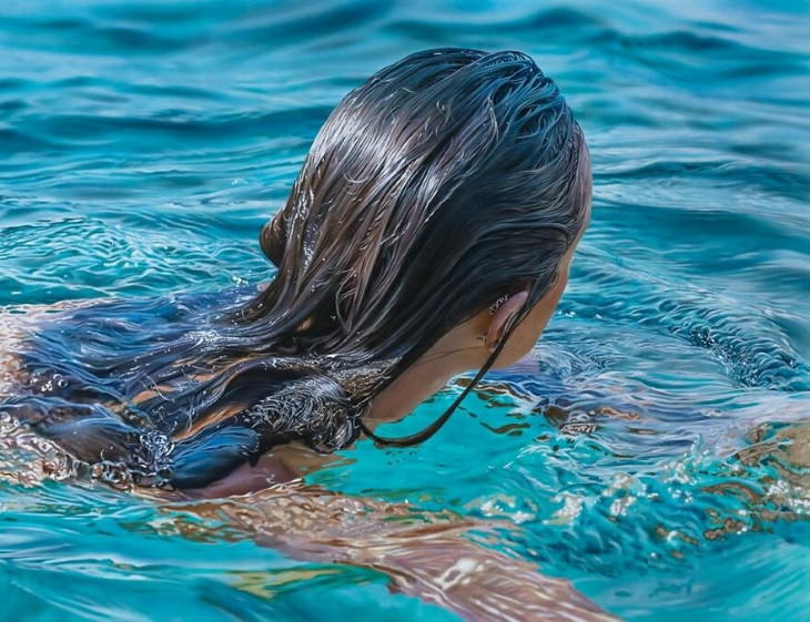 Paintings by Johannes Wessmark woman with long hair swimming