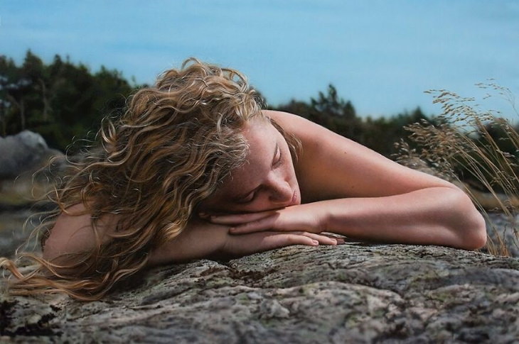 Paintings by Johannes Wessmark woman sleeping in nature