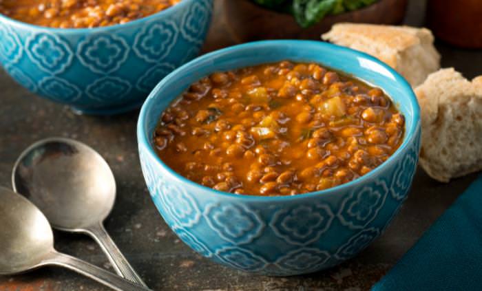 legumes soup in blue bowl