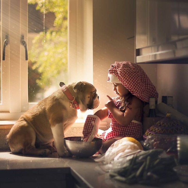 Photos of Children and Animals, dog, girl, kitchen